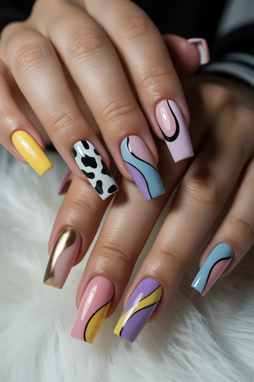 spring to summer season nail art ideas 2026 Abstract Pastel Wave Nails With Modern Color Blocking