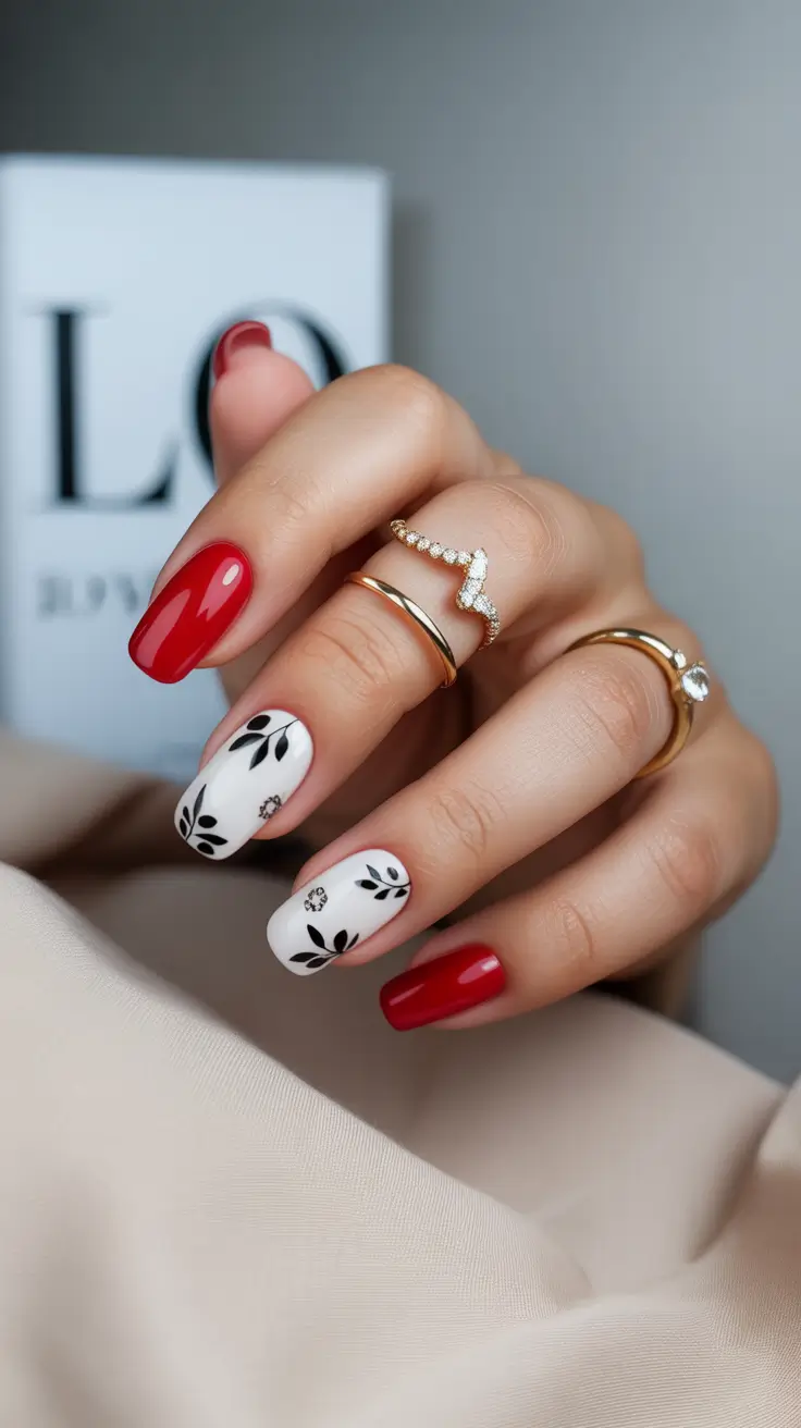 23 spring to summer season nails color ideas 2026 Classic Cherry Red Meets Minimal Botanical Art