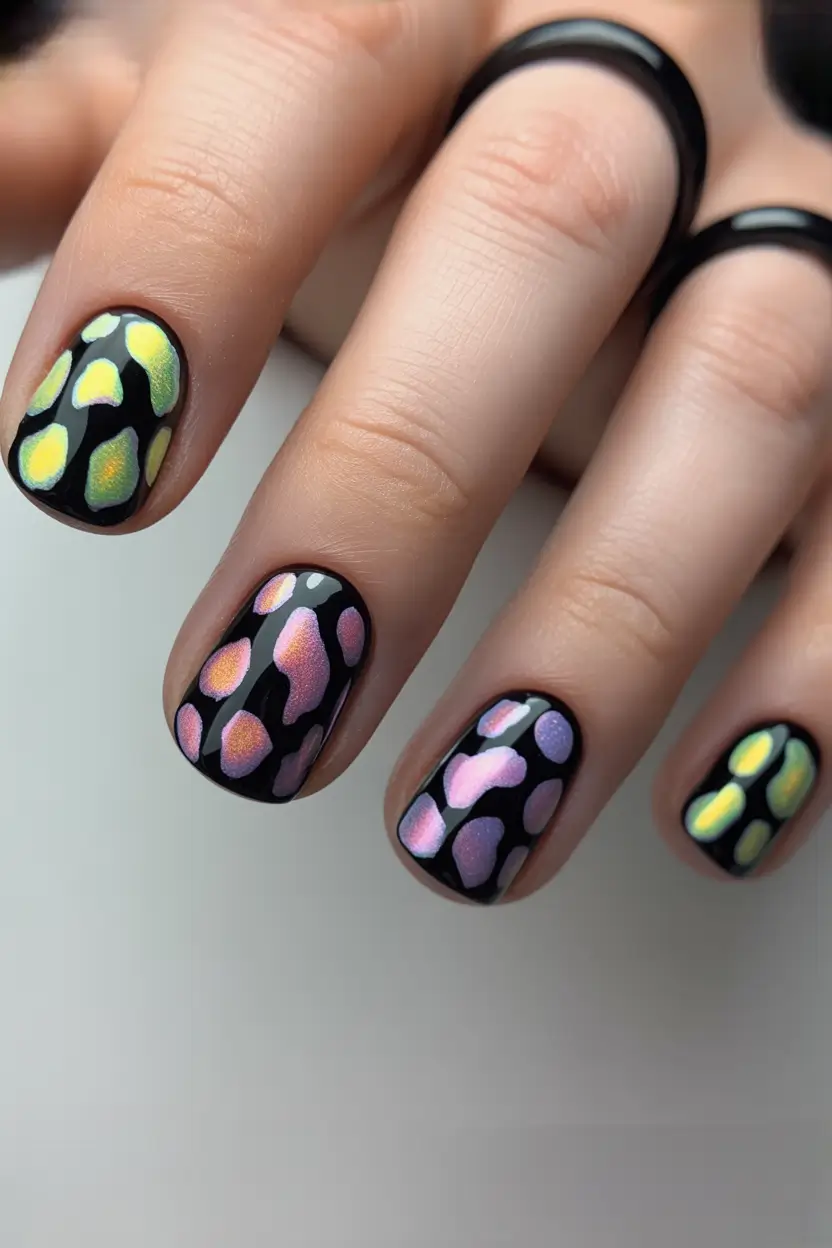 23 spring to summer season nails color ideas 2026 Iridescent Abstract Spots on Glossy Black