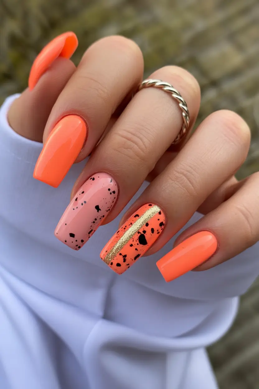 23 spring to summer season nails color ideas 2026 Vibrant Tangerine Nails With Graphic Speckled Accent