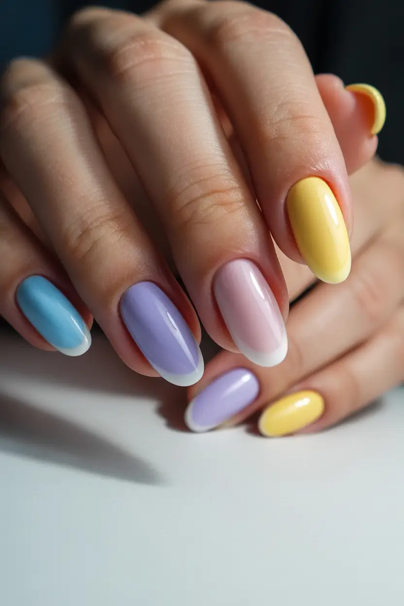 23 spring to summer season nails color ideas 2026 Soft Pastel French With Mixed Candy Colors