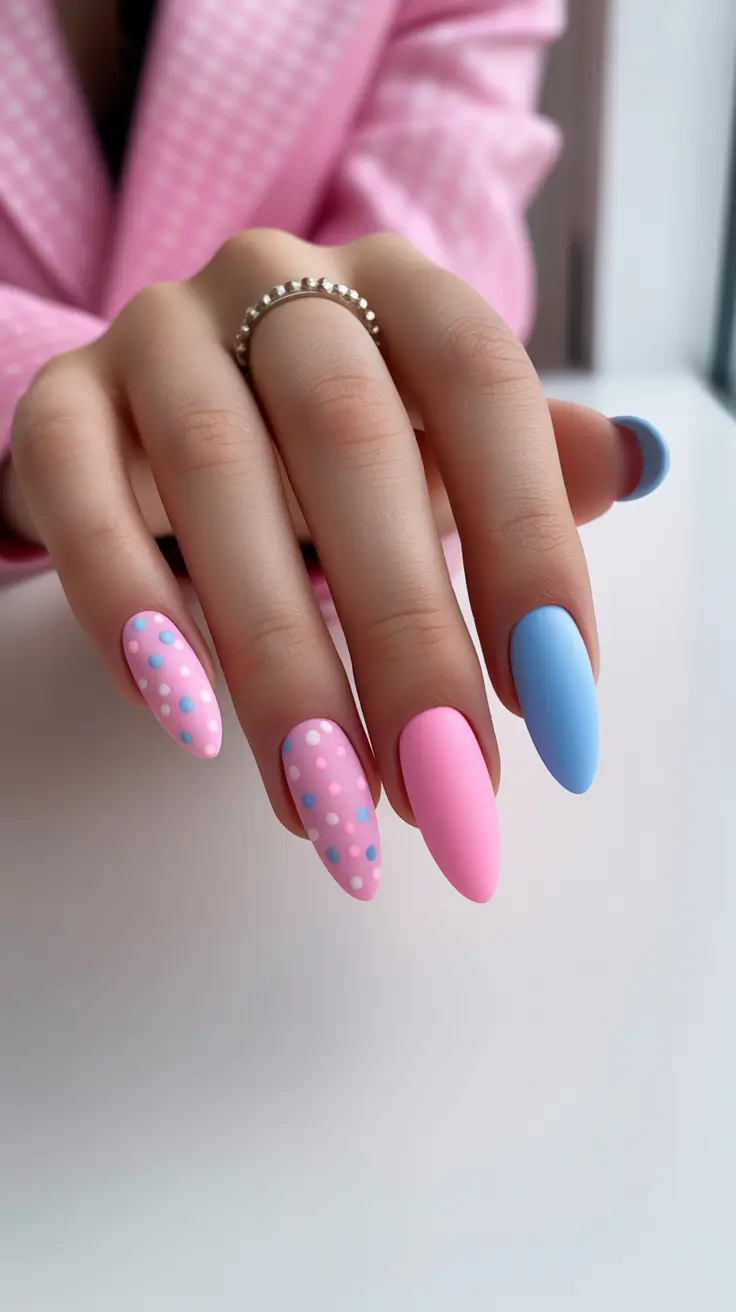 23 spring to summer season nails color ideas 2026 Soft Polka Dot Nails in Baby Pink and Sky Blue