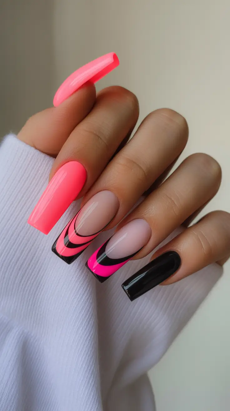 23 spring to summer season nails color ideas 2026 Hot Pink Graphic Waves With High Contrast Accents
