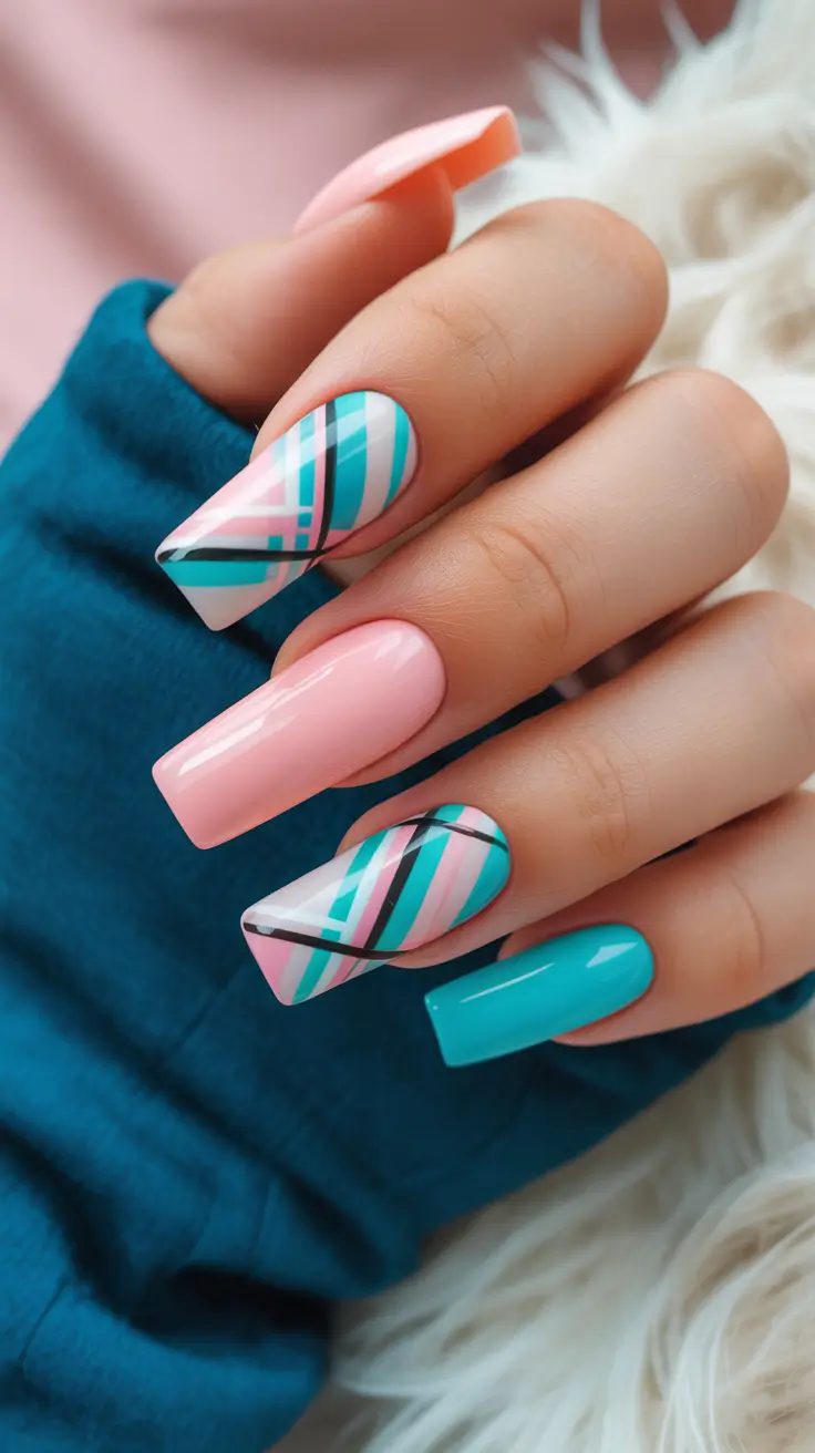 23 spring to summer season nails color ideas 2026 Modern Plaid Nails in Mint and Blush