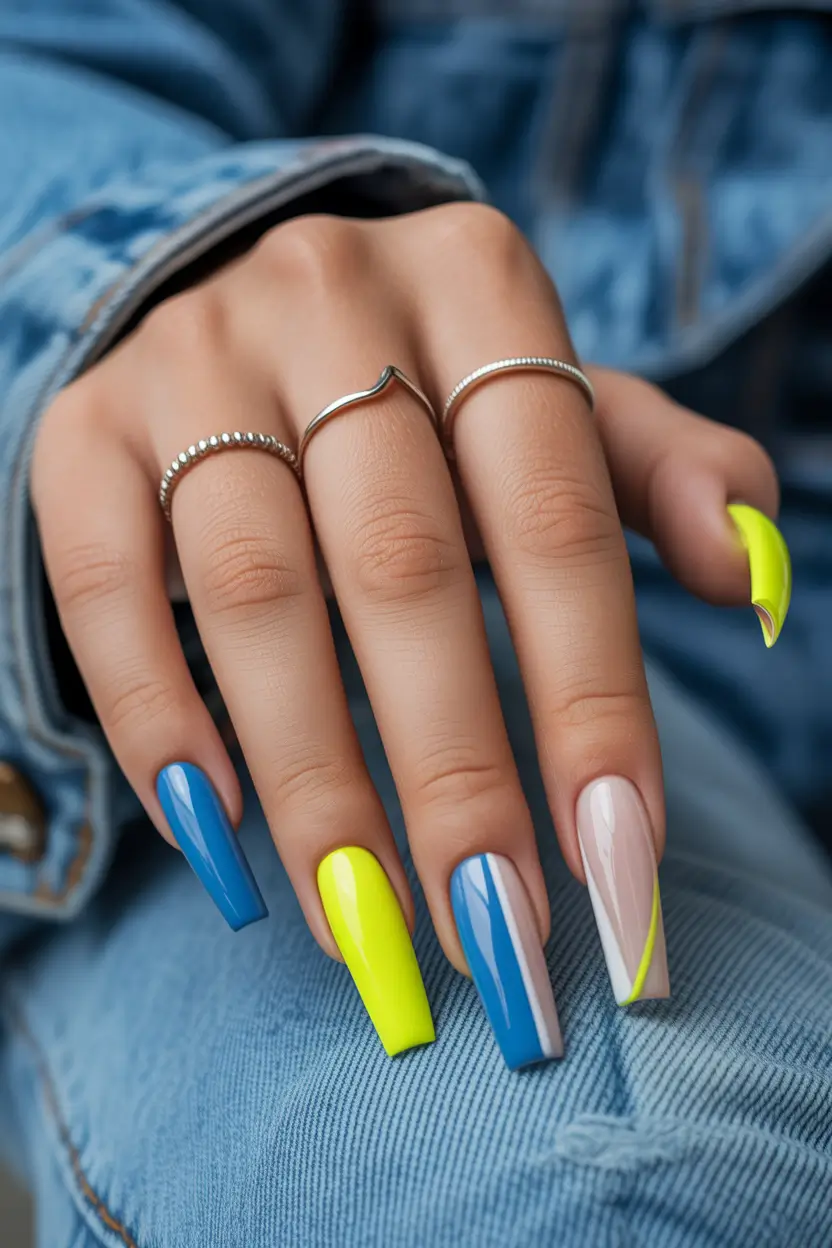 23 spring to summer season nails color ideas 2026 Electric Yellow and Blue Color Block Nails