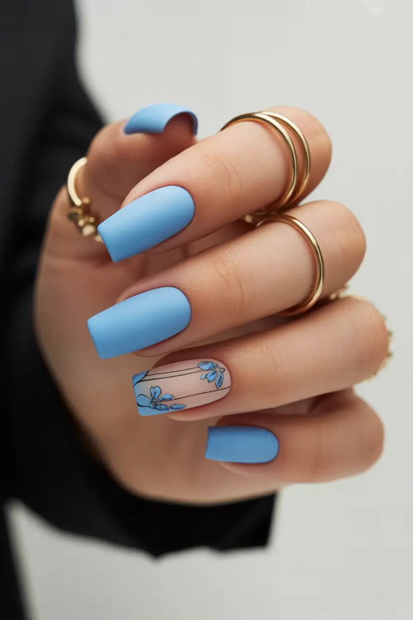 23 spring to summer season nails color ideas 2026 Soft Powder Blue Nails With Delicate Botanical Line Art