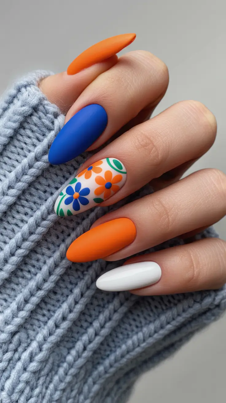 23 spring to summer season nails color ideas 2026 Bold Color Blocking With Retro Floral Energy