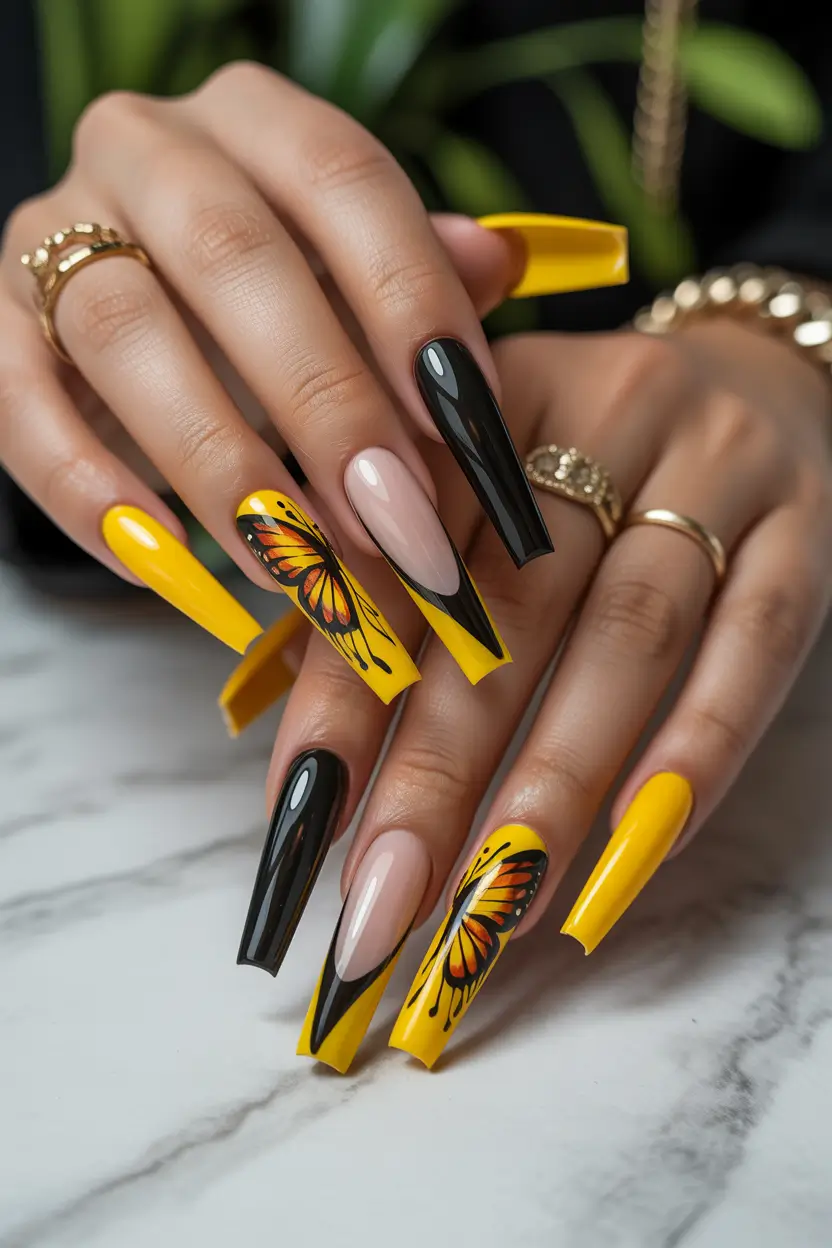 23 spring to summer season nails color ideas 2026 Yellow and Black Butterfly Art With Dramatic Length