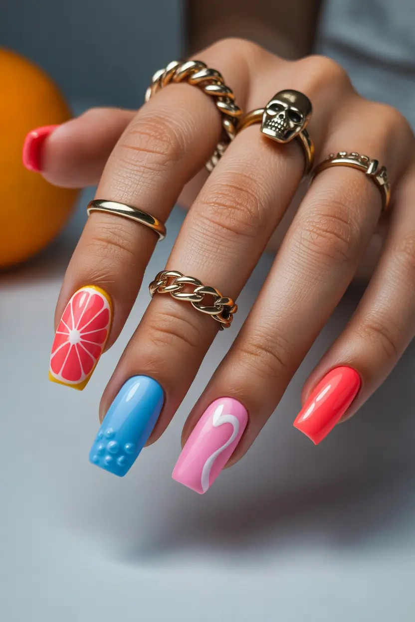 23 spring to summer season nails color ideas 2026 Playful Citrus Pop Art Nails With Bright Summer Colors
