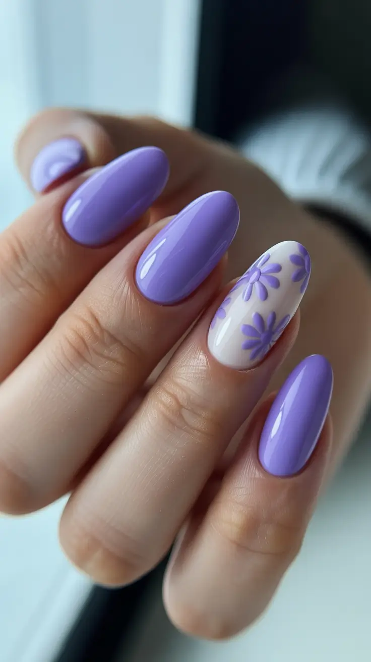 23 spring to summer season nails color ideas 2026 Lavender Floral Nails With Soft Spring Romance