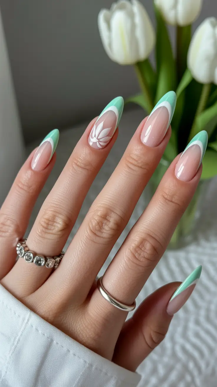 23 spring to summer season nails color ideas 2026 Mint French Tips With Soft Petal Details