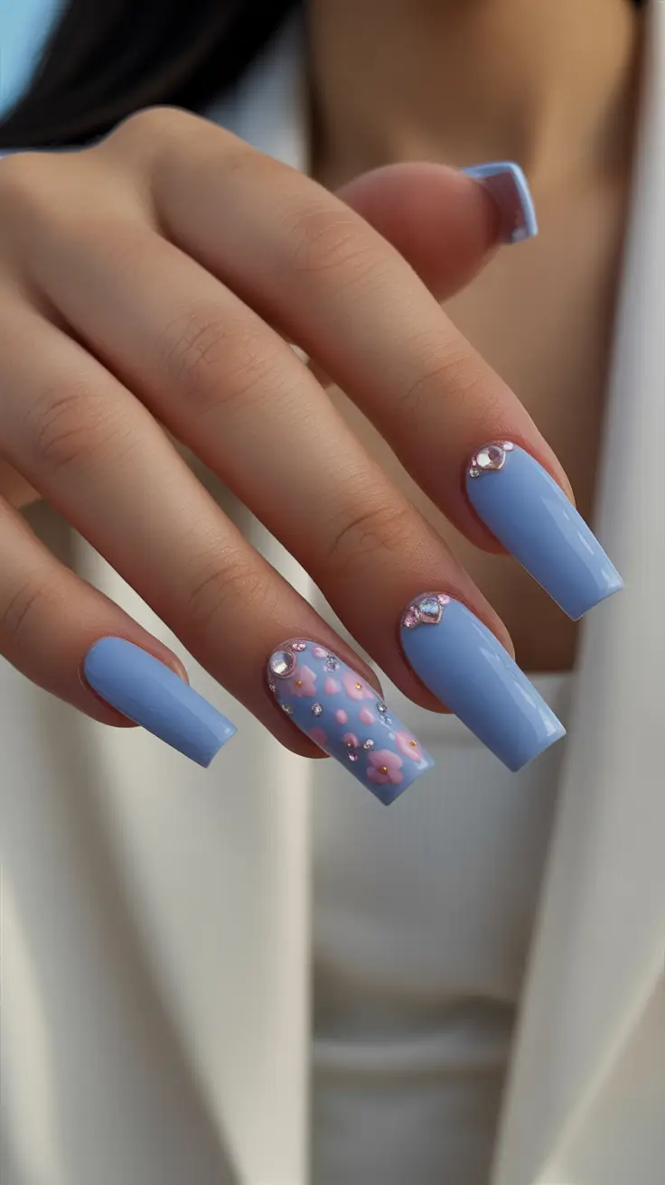 23 spring to summer season nails color ideas 2026 Powder Blue Florals With Crystal Details