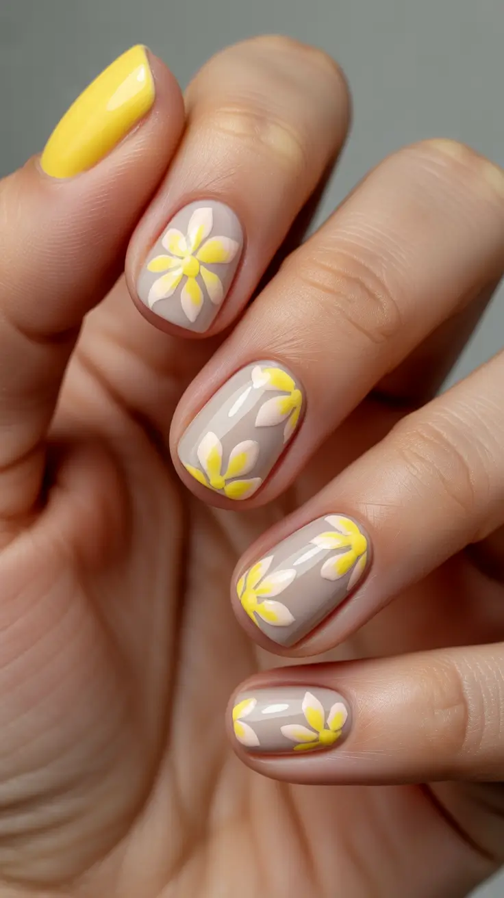 23 spring to summer season nails color ideas 2026 Sunny Yellow Floral Nails With Soft Neutral Base