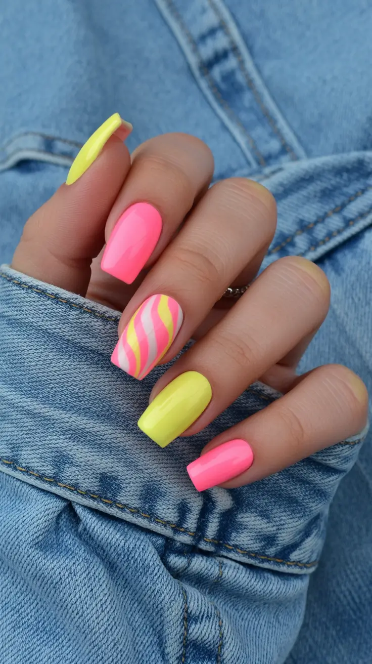 spring to summer season nails ideas 2026 Neon Pink And Lemon Swirl Energy