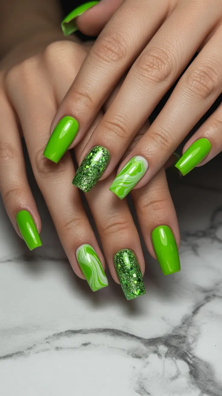 spring to summer season nails ideas 2026 Electric Green Marble And Glitter Nails