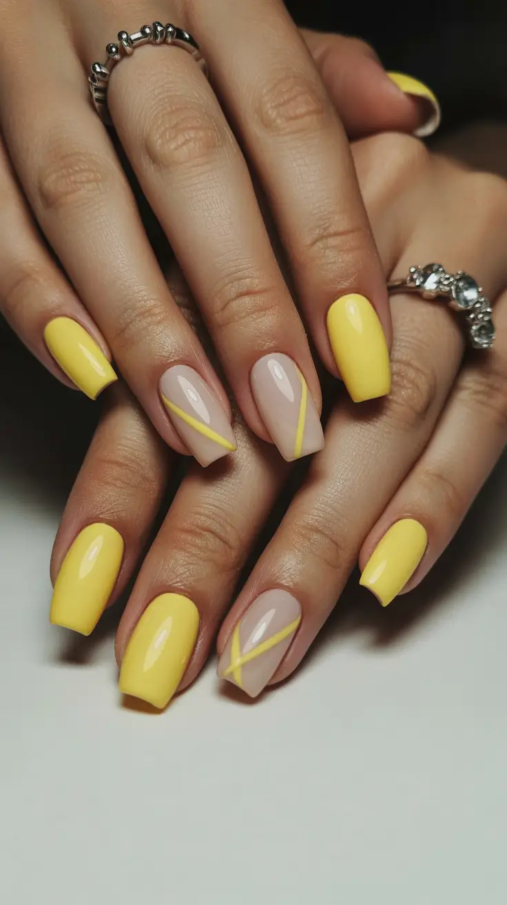 spring to summer season nails ideas 2026 Sunny Yellow Minimalist Line Accent