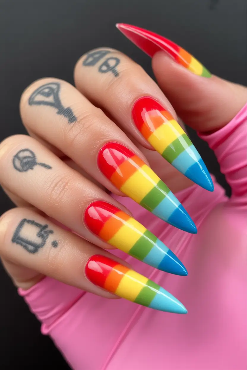 spring to summer season nails ideas 2026 Rainbow Gradient Stiletto Statement Nails