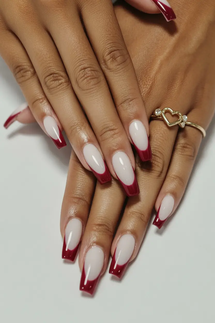 spring to summer season nails ideas 2026 Elegant Burgundy French Coffin Nails