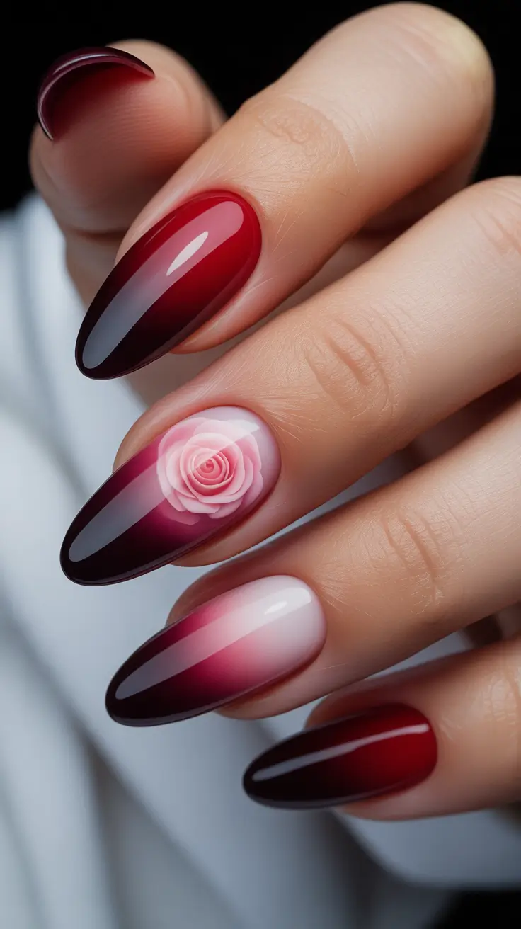 spring to summer season nails ideas 2026 Romantic Burgundy Ombre With Rose Art