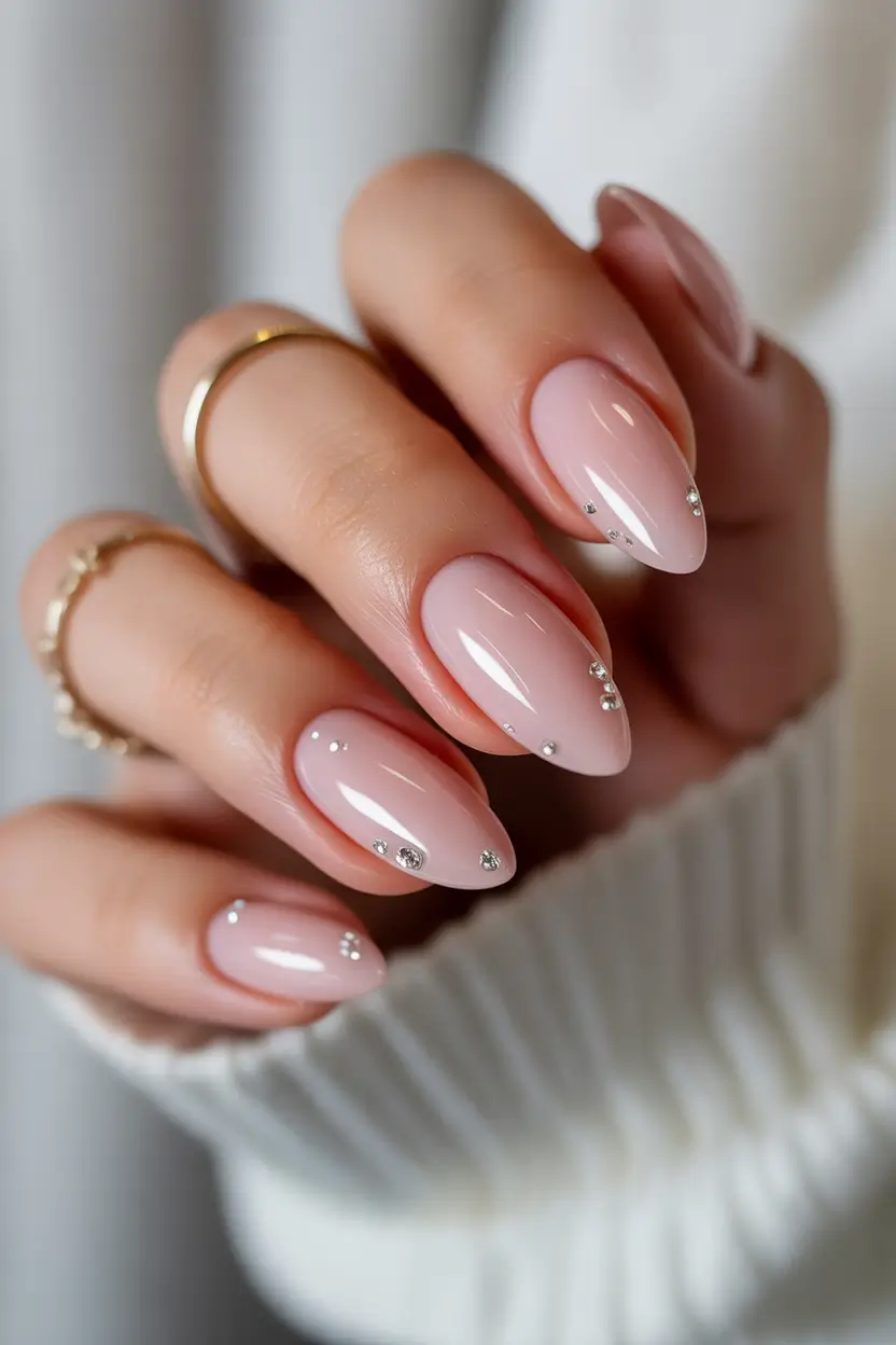 spring to summer season nails ideas 2026 Soft Blush Almond Nails With Crystal Accents