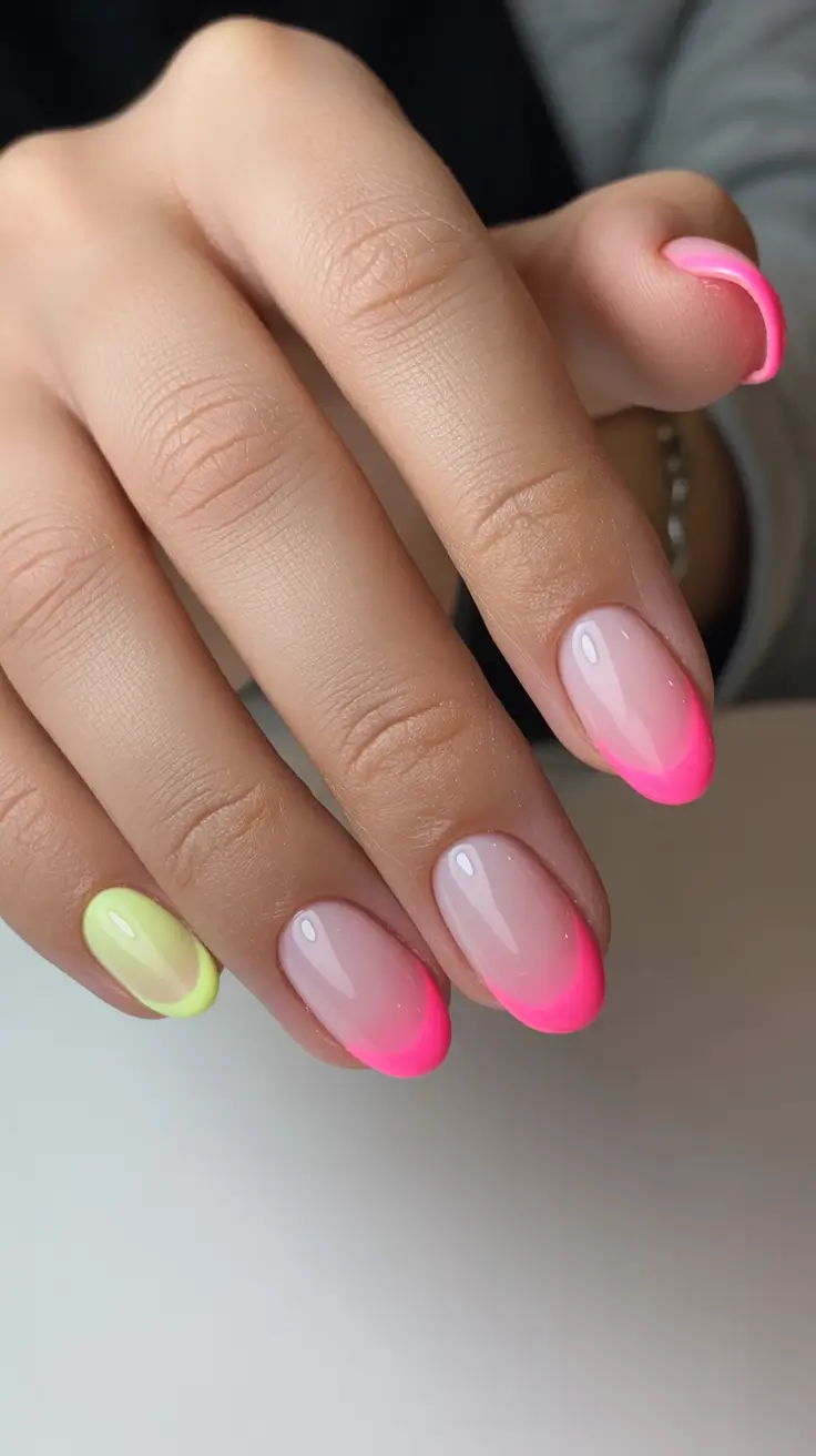 spring to summer season nails ideas 2026 Neon Ombre Almond Nails In Pink And Lime