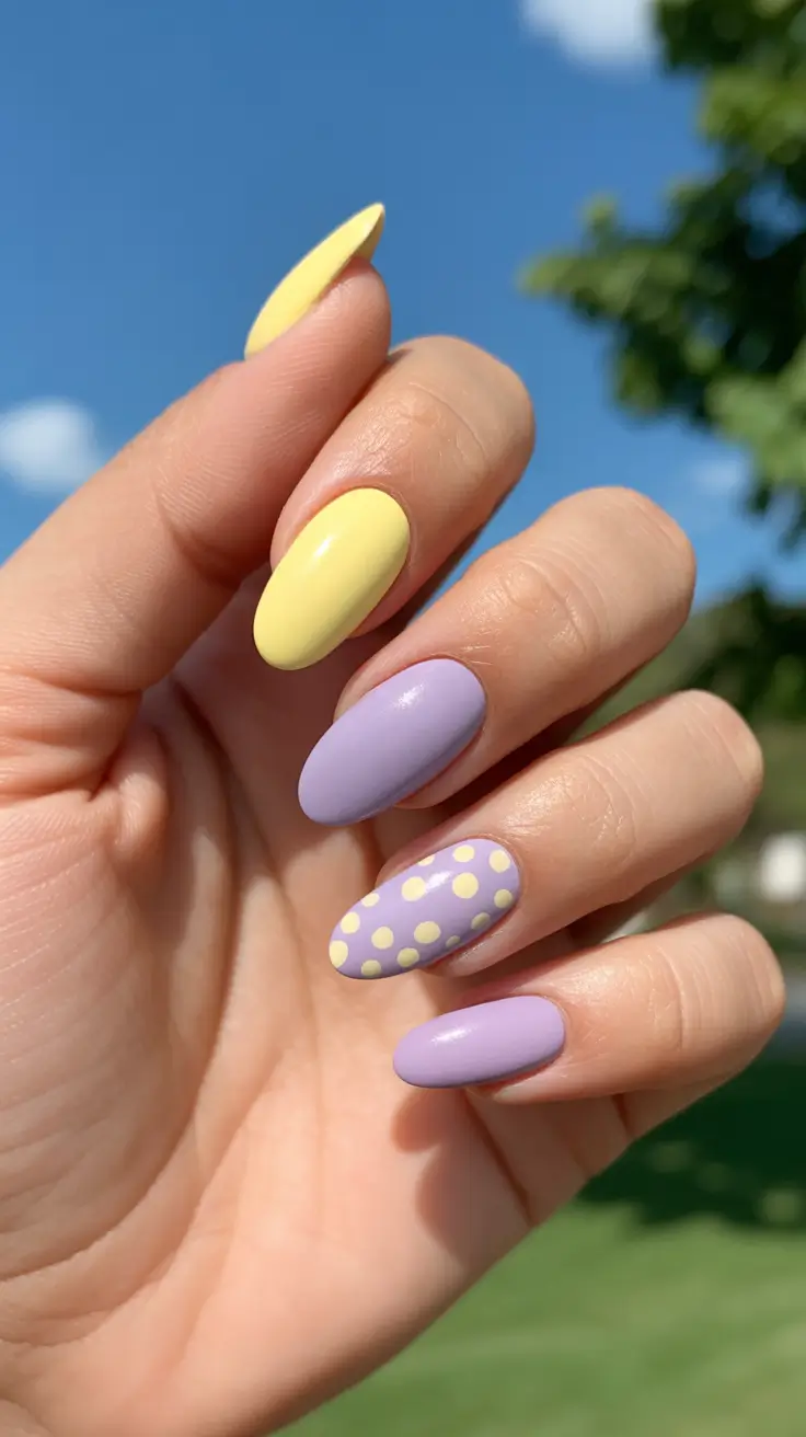 spring to summer season nails ideas 2026 Pastel Lavender And Lemon Polka Dot Nails