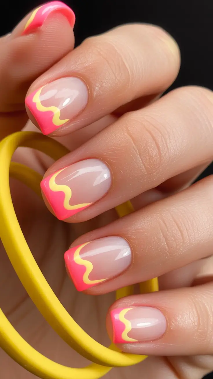 spring to summer season nails ideas 2026 Soft Nude French With Electric Wave Tips