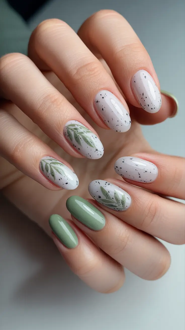 spring to summer season nails ideas 2026 Botanical Sage Green And Speckled Spring Nails