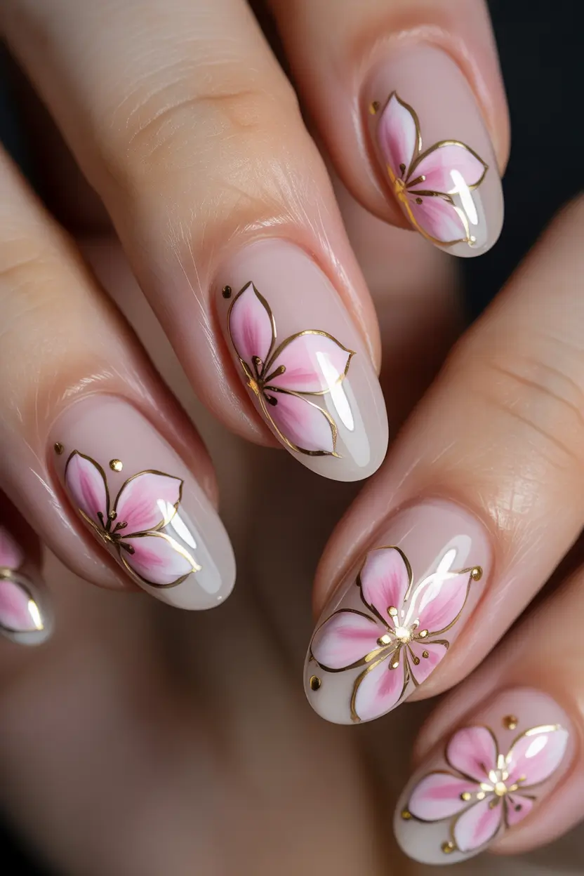 spring to summer season nails ideas 2026 Delicate Cherry Blossom Floral Nails