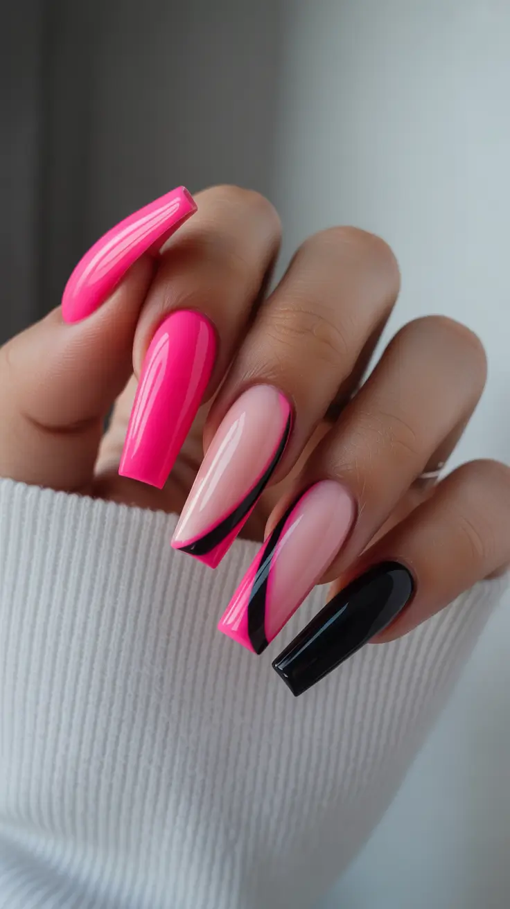 spring to summer season nails ideas 2026 Hot Pink And Black Graphic Statement Nails