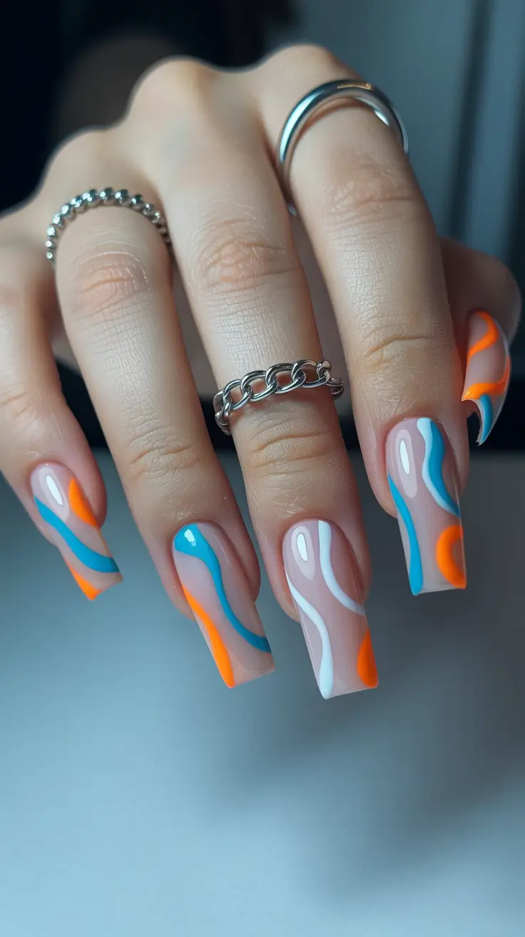 spring to summer season nails ideas 2026 Abstract Summer Swirl Color Play