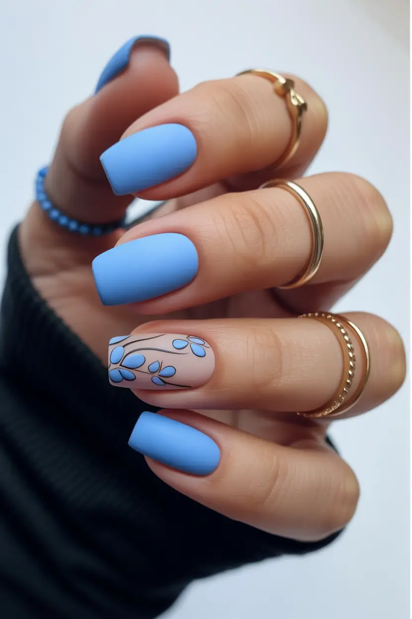spring to summer season nails ideas 2026 Soft Matte Sky Blue With Botanical Accent