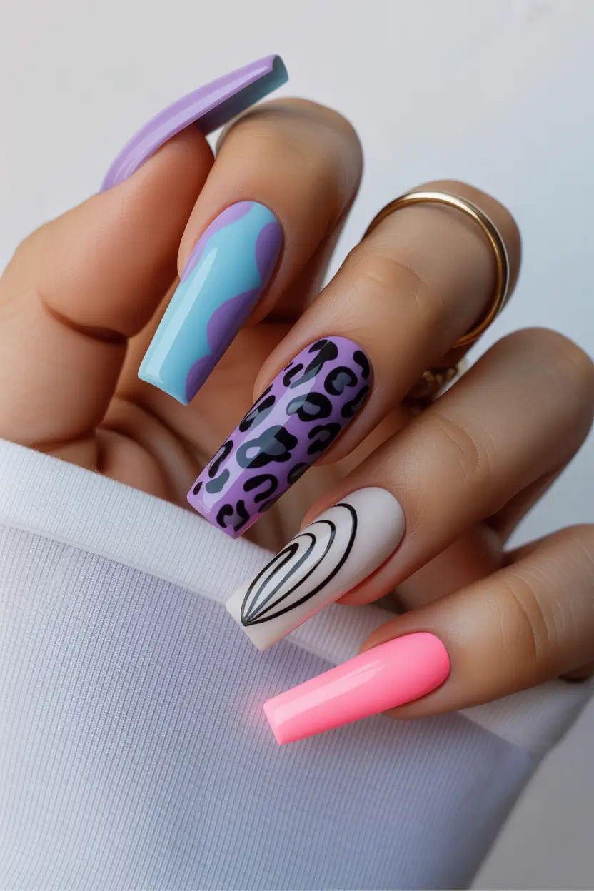 spring to summer season nails ideas 2026 Playful Pastel Mix With Leopard Accent