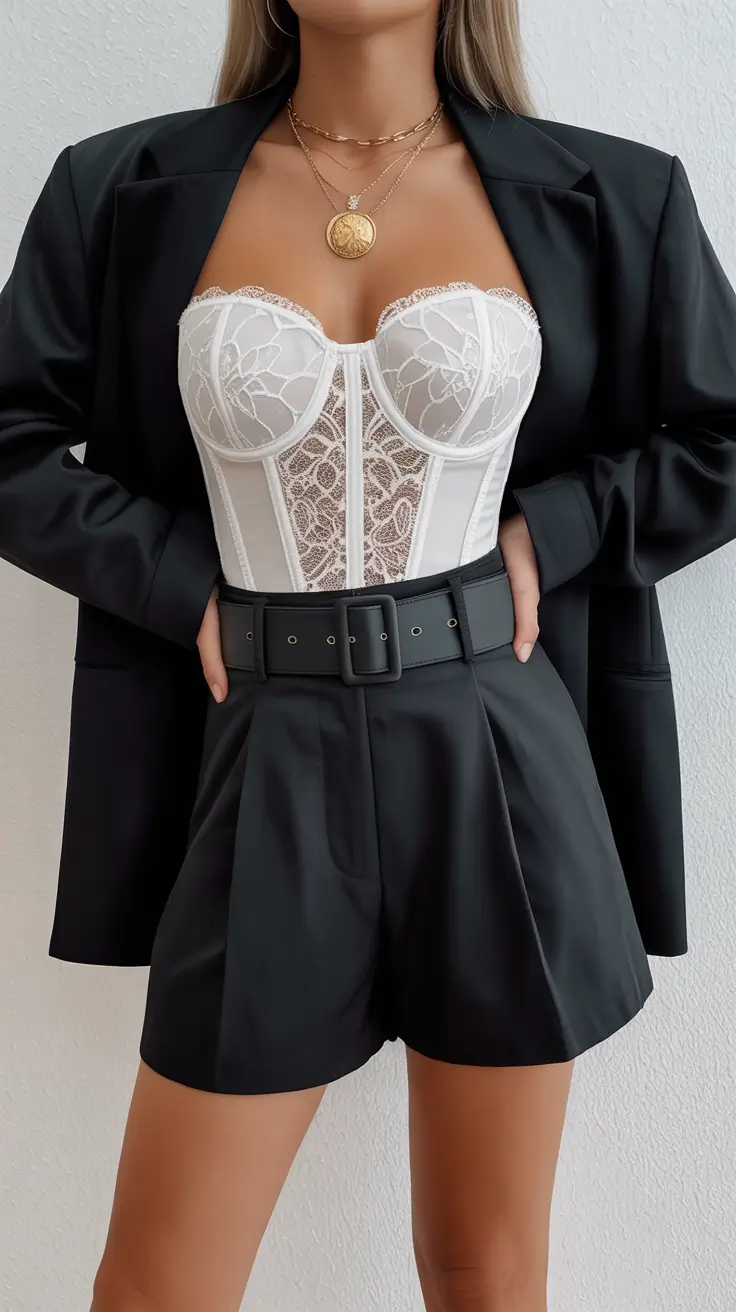 spring to summer season outfits ideas 2026 Tailored Shorts And Lace Corset Blazer Look