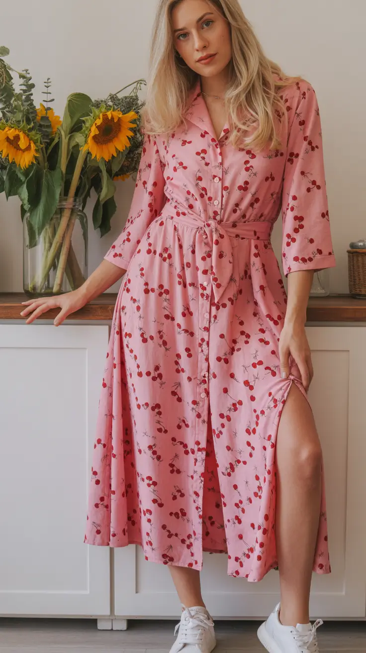 spring to summer season outfits ideas 2026 Cherry Print Shirt Dress That Feels Instantly Like Summer