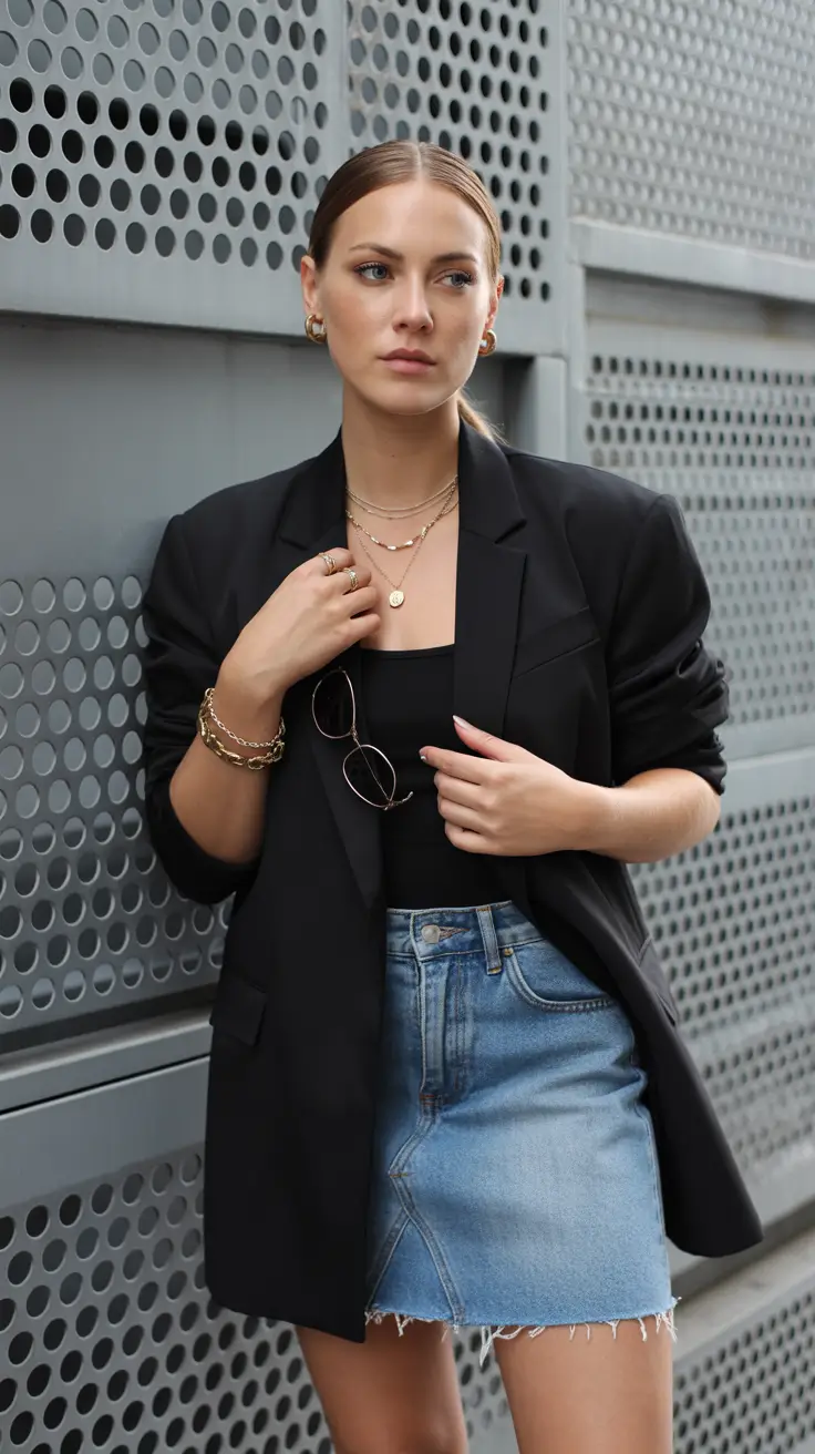 spring to summer season outfits ideas 2026 Classic Denim Mini With Oversized Blazer Layer
