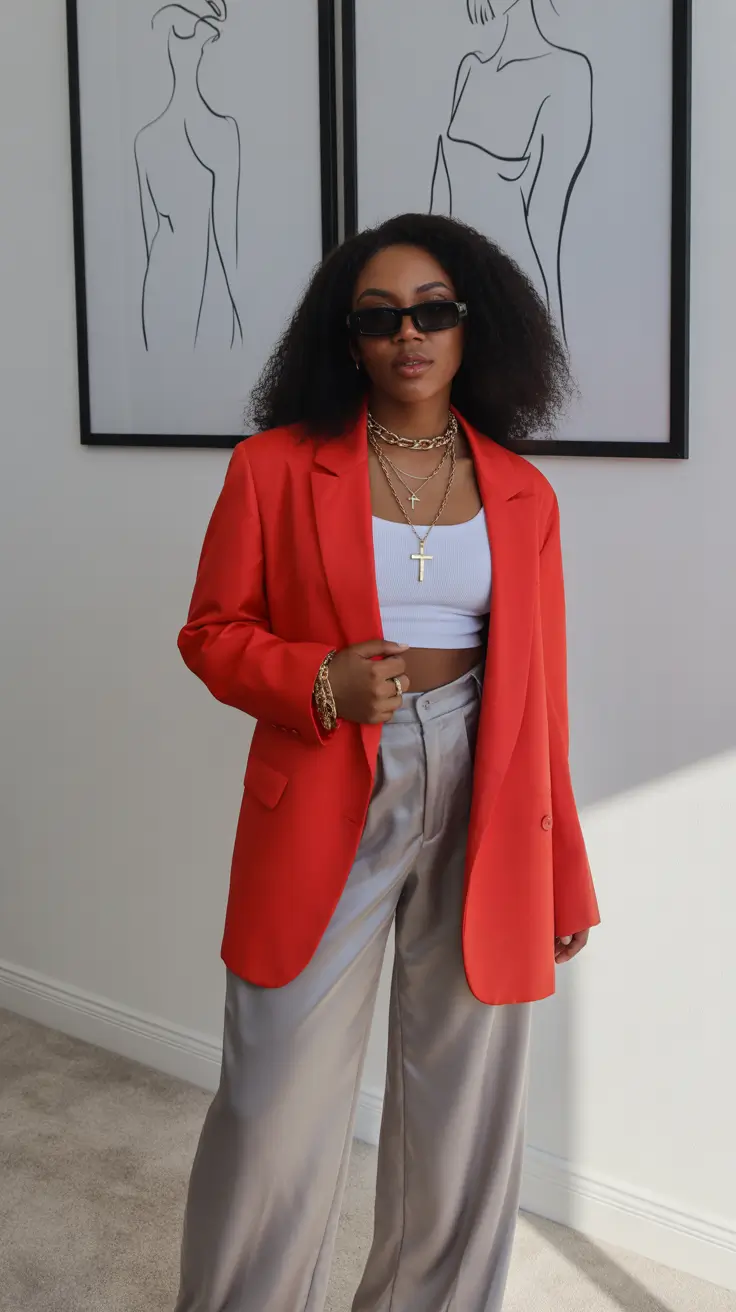 spring to summer season outfits ideas 2026 Statement Red Blazer With Wide Leg Tailored Trousers