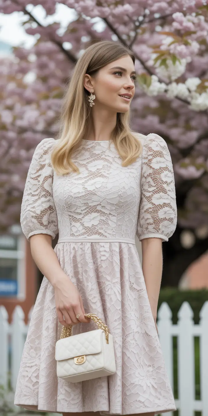 spring to summer season outfits ideas 2026 Soft Lace Dress With Romantic Spring Atmosphere