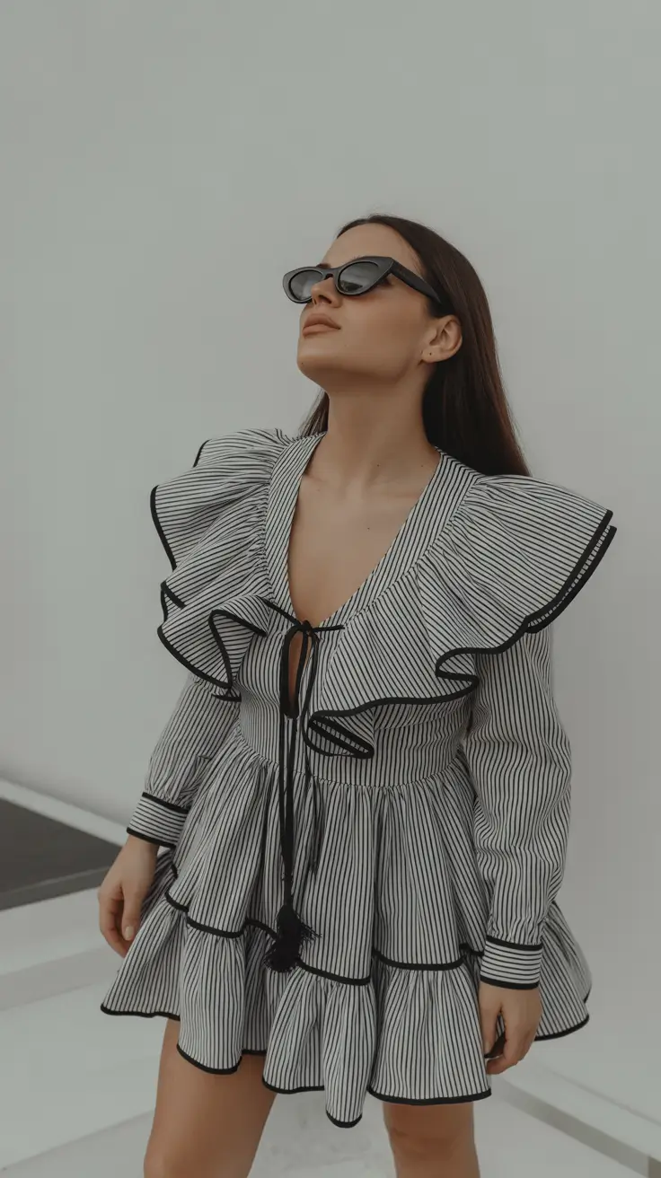 spring to summer season outfits ideas 2026 Striped Ruffle Dress With Modern Feminine Drama