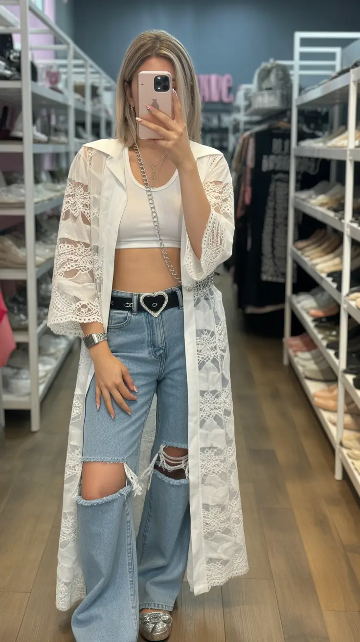 spring to summer season outfits ideas 2026 Layered Lace Kimono With Relaxed Denim Street Look