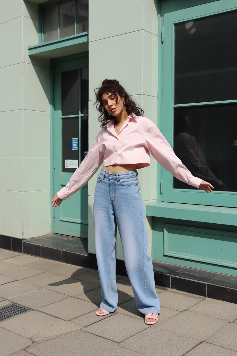 spring to summer season outfits ideas 2026 Soft Pink Cropped Shirt With Relaxed Wide-Leg Denim