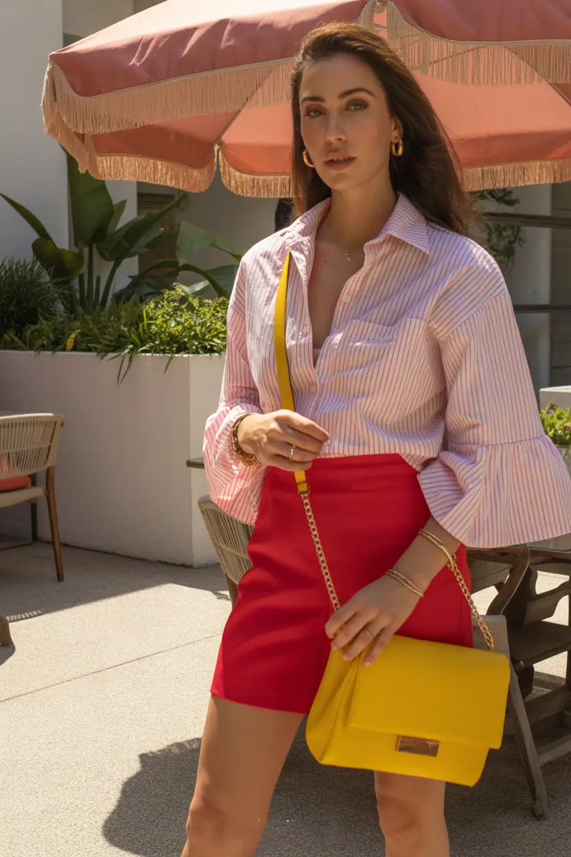 spring to summer season outfits ideas 2026 Bold Color Mix With Structured Mini Skirt And Striped Shirt