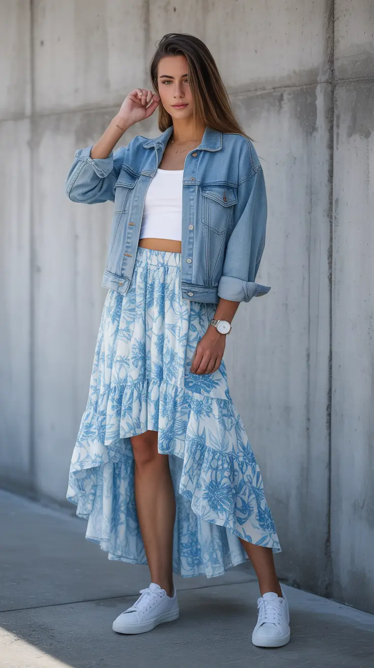 spring to summer season outfits ideas 2026 Soft Denim Jacket With Flowy Midi Skirt