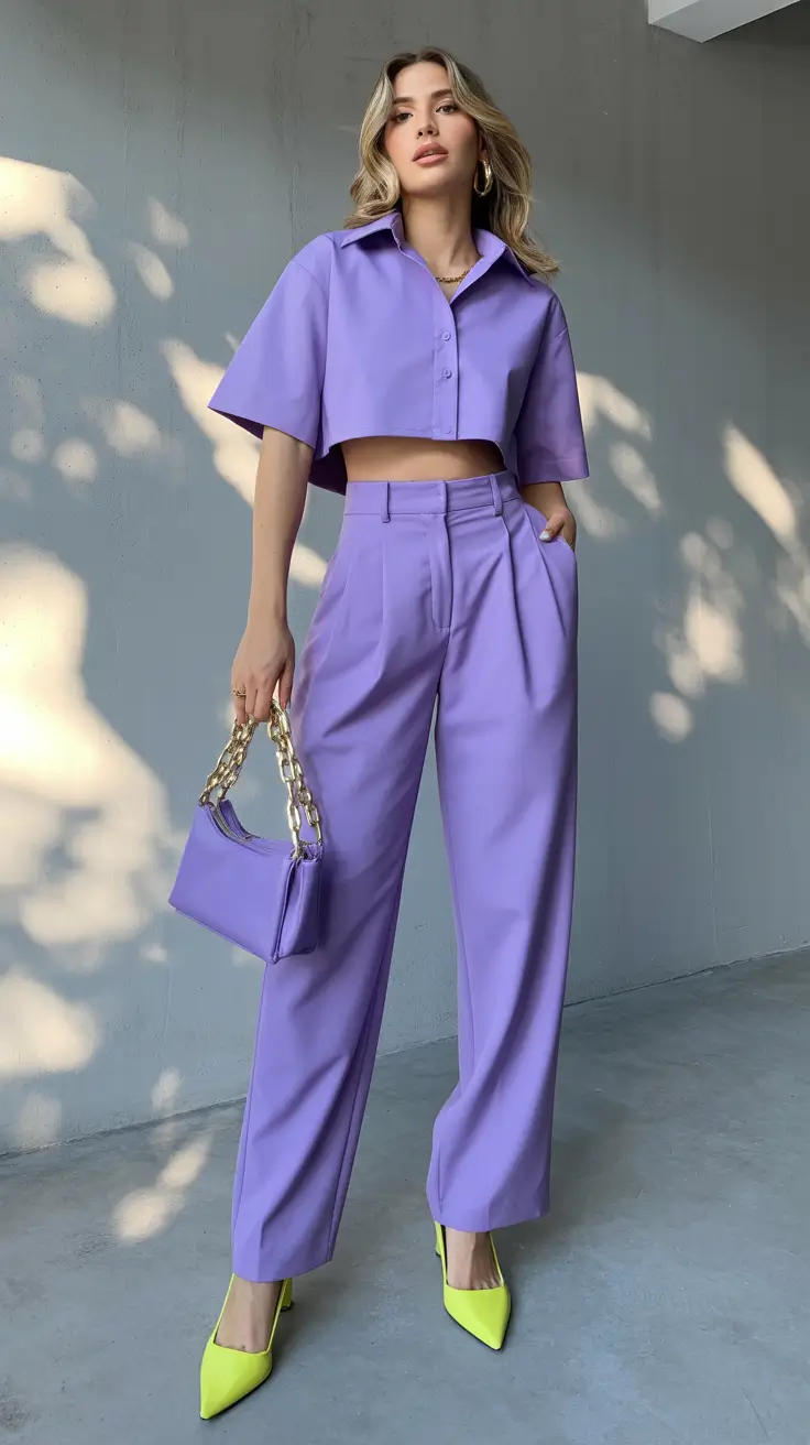 spring to summer season outfits ideas 2026 Bold Monochrome Lavender Power Set