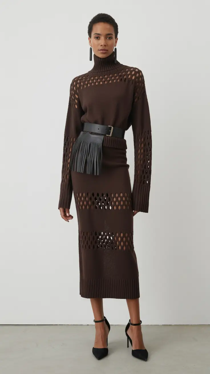 spring to summer season outfits ideas 2026 Elegant Perforated Knit Dress With Modern Edge