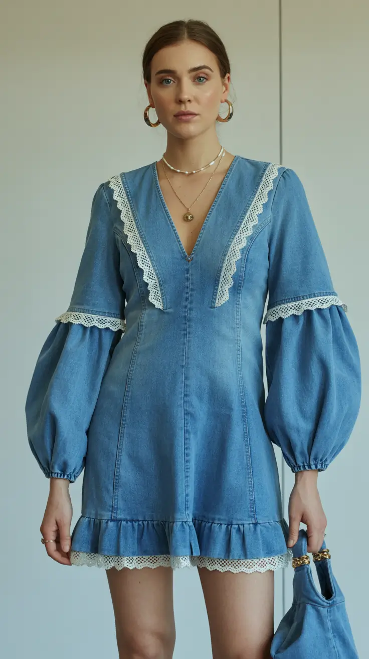spring to summer season outfits ideas 2026 Romantic Denim Mini Dress With Vintage Lace Details