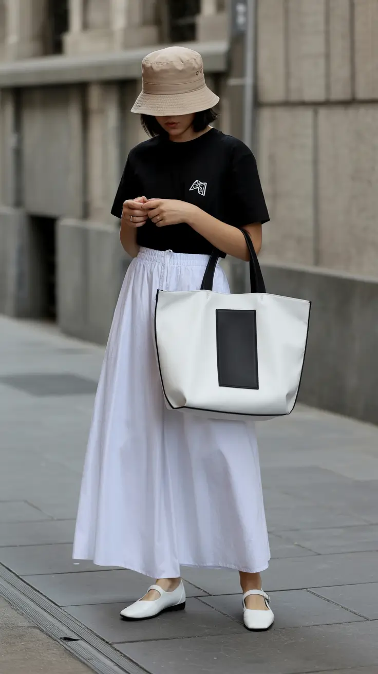 spring to summer season outfits ideas 2026 Minimal Street Style With Bucket Hat And Flowing Skirt