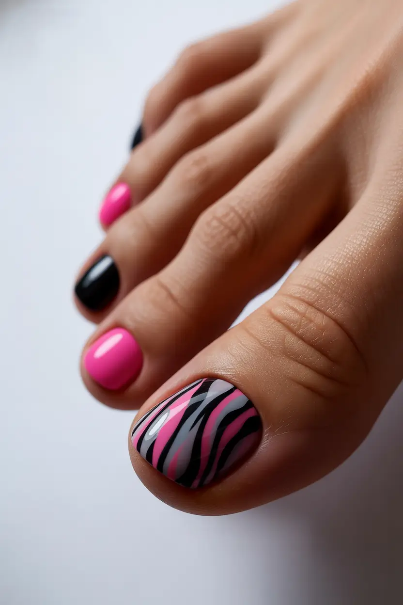 spring toe nail color Playful Pink And Zebra Accent For A Bold Spring Pedicure
