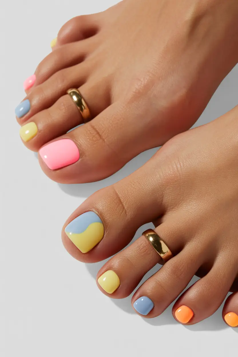 spring toe nail color Soft Color Block Pedicure With Playful Pastel Shades