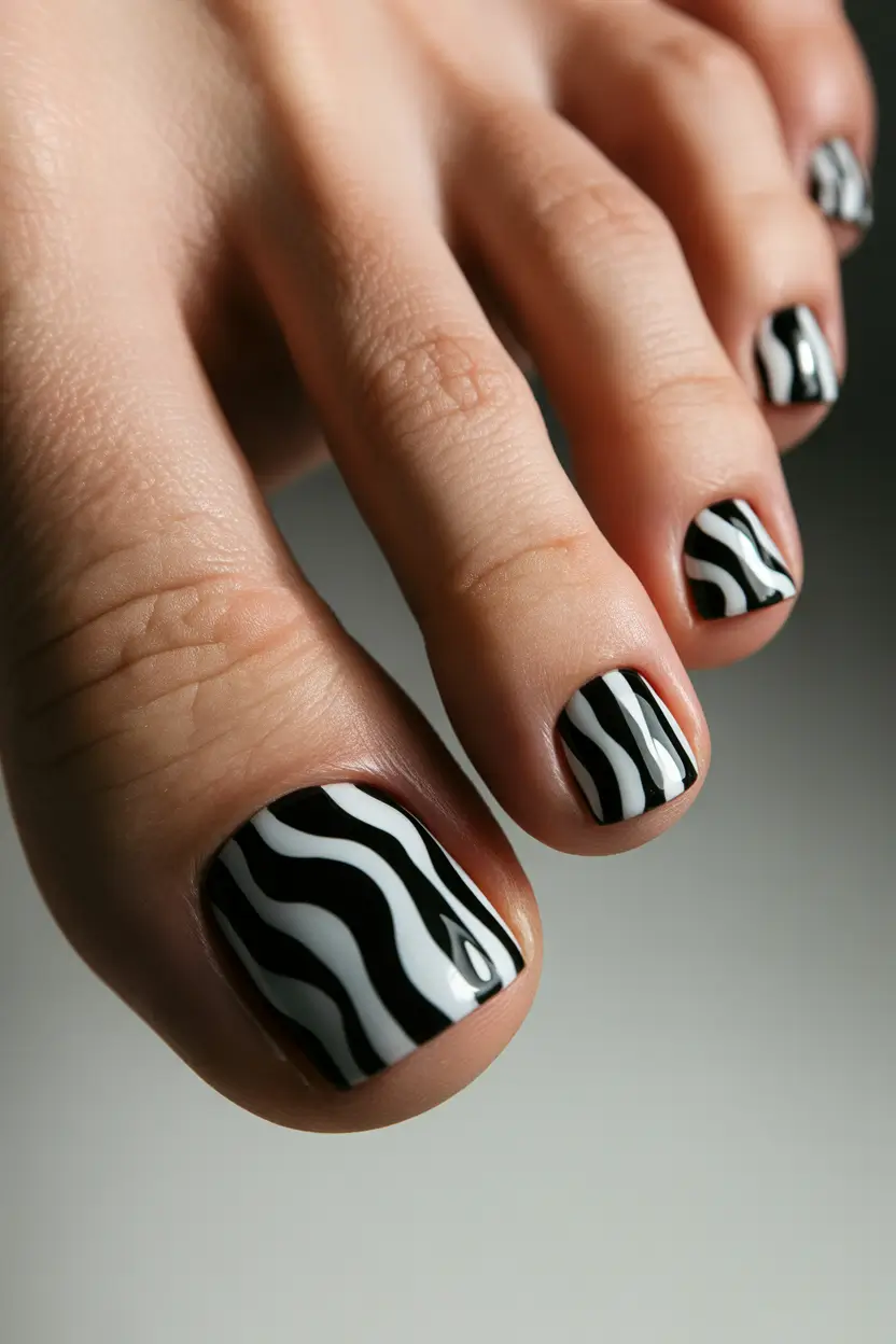 spring toe nail color Graphic Black And White Zebra Pedicure For A Bold Contrast